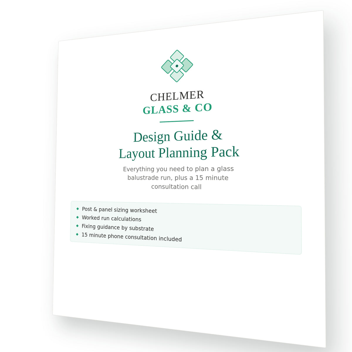 A white booklet or guide cover for 'Chester Glass & Co Design Guide & Layout Planning Pack' with teal text and logo, shown at a slight angle on a white background with a soft shadow.