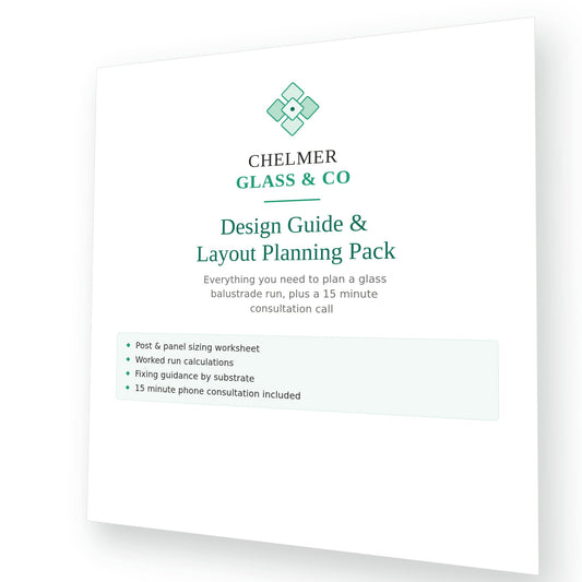 A white booklet or guide cover for 'Chester Glass & Co Design Guide & Layout Planning Pack' with teal text and logo, shown at a slight angle on a white background with a soft shadow.