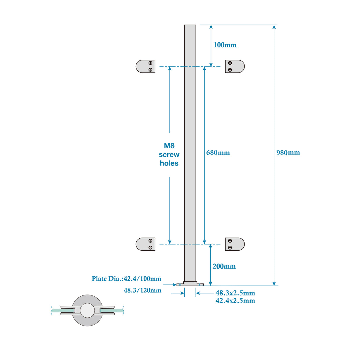 316 stainless steel balustrade post technical drawing, handrail system, 980mm height with glass clamp positions