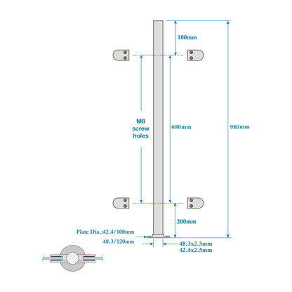 316 stainless steel balustrade post technical drawing, handrail system, 980mm height with glass clamp positions