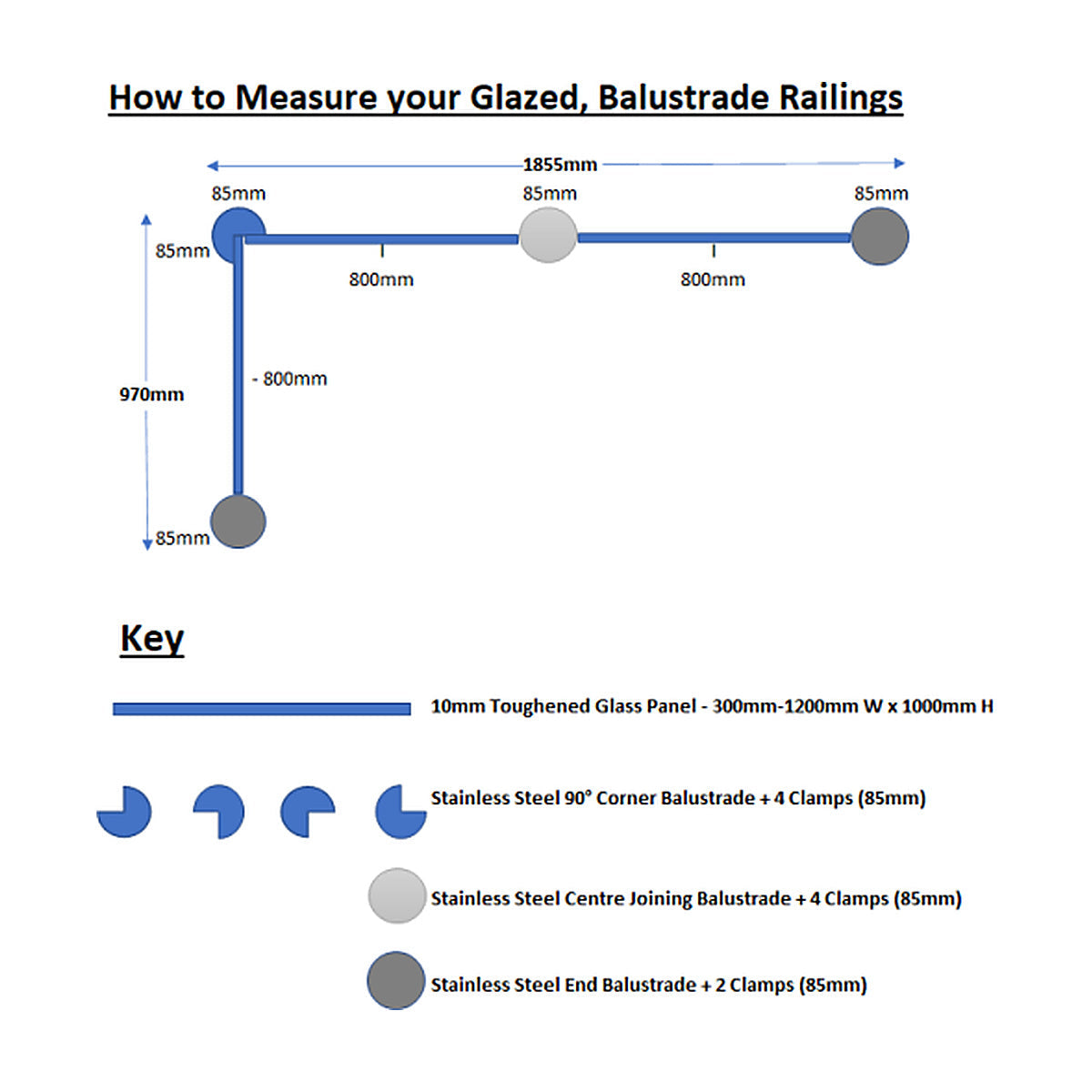 Balustrade sizing diagram showing 85mm panel spacing and 40mm clamp inset