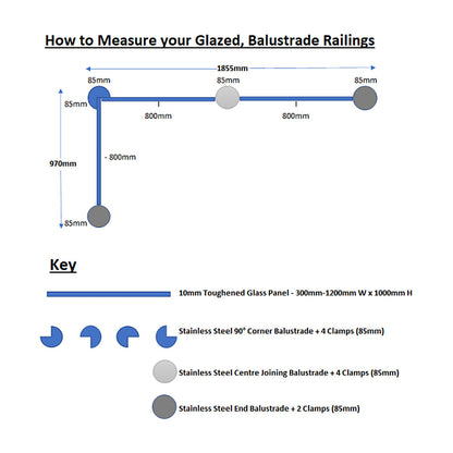 Balustrade sizing diagram showing 85mm panel spacing and 40mm clamp inset