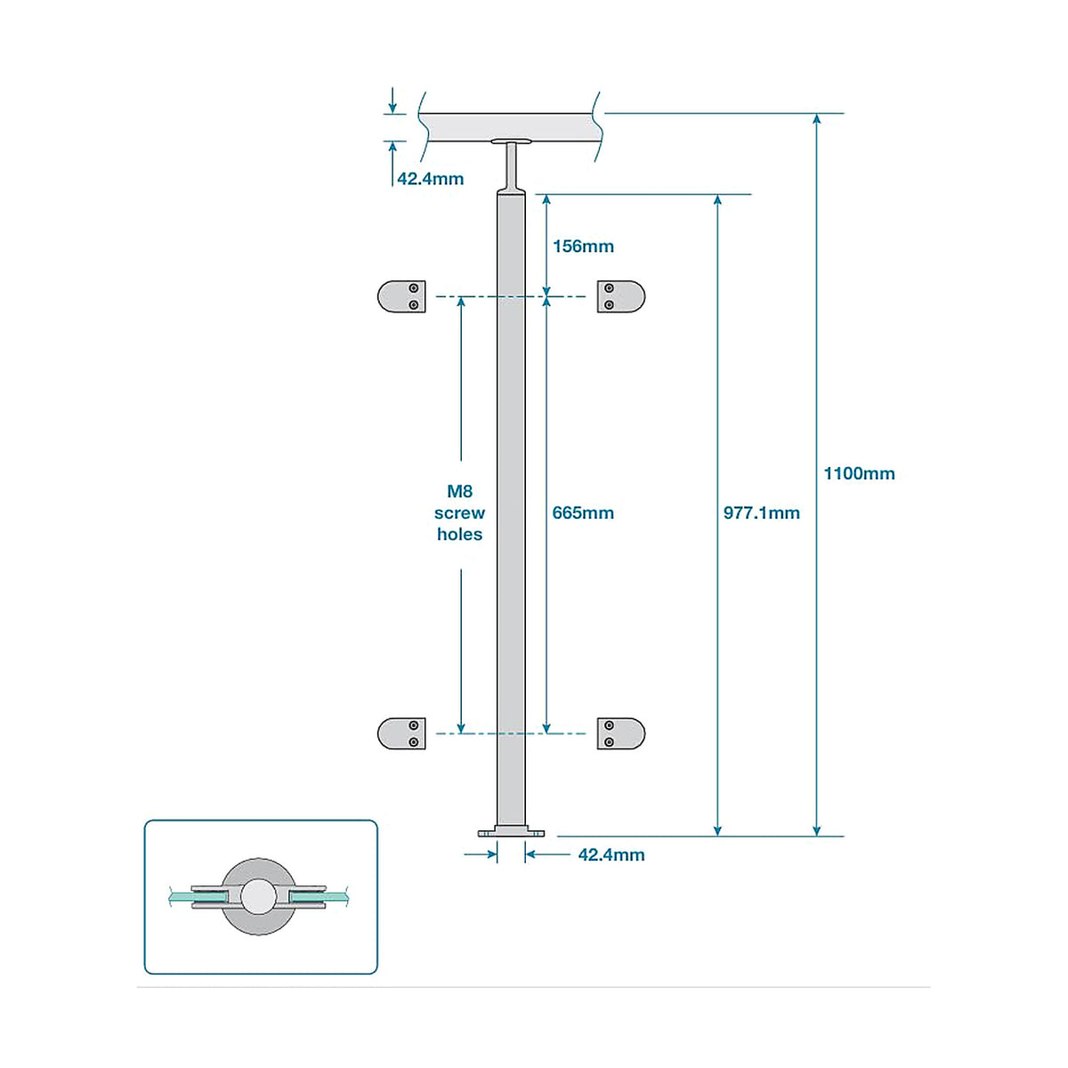 316 stainless steel straight top spigot post fixing technical drawing