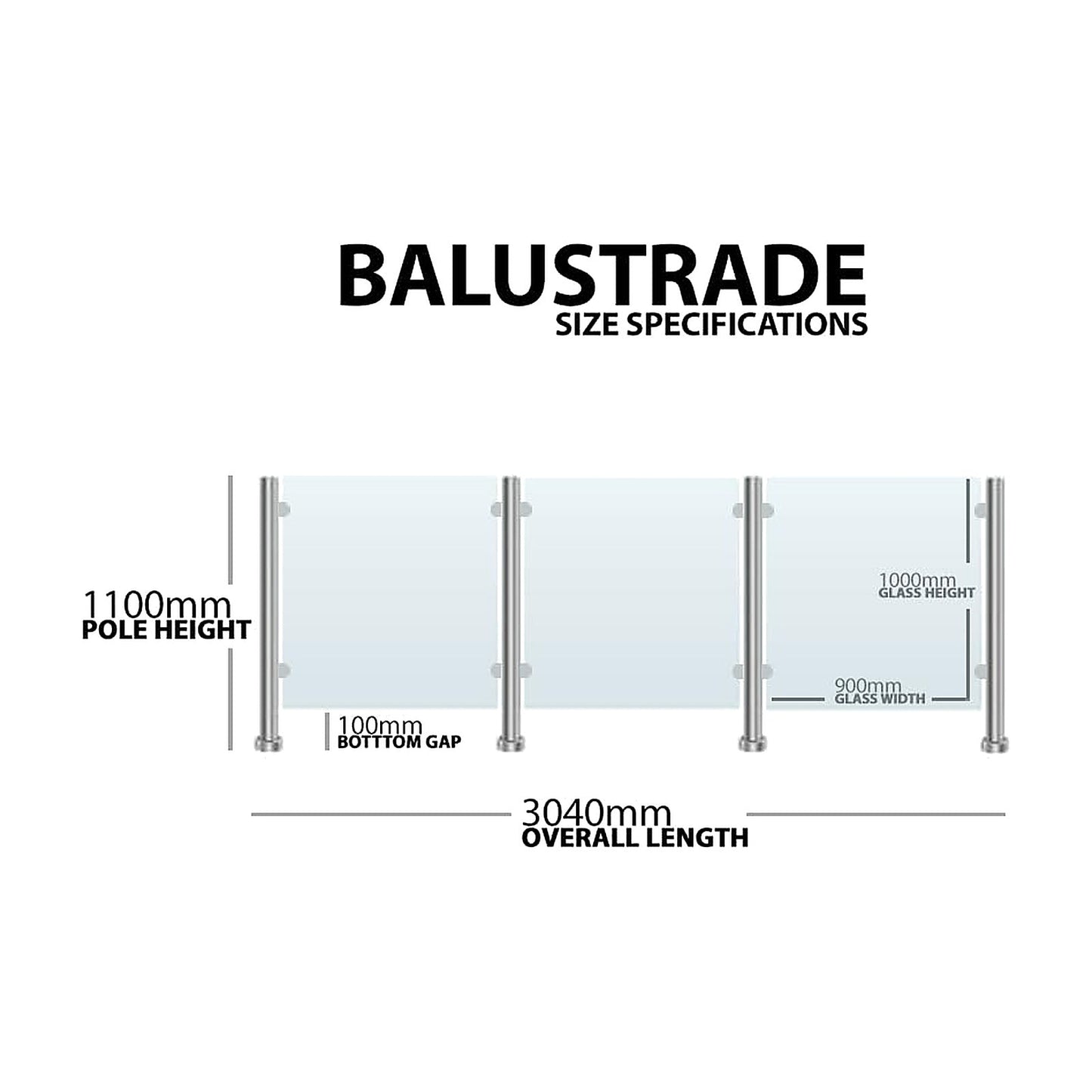 Technical drawing of frameless glass balustrade system without handrail