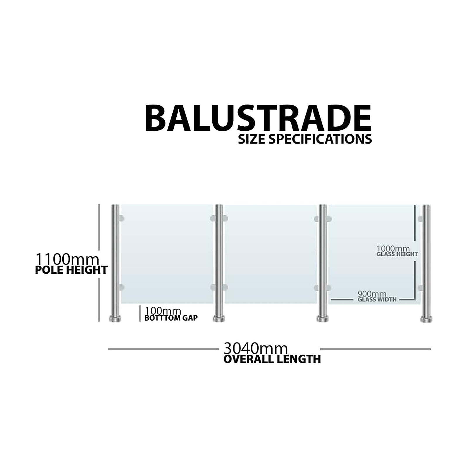 Technical drawing of frameless glass balustrade system without handrail